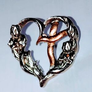 Silver-Tone Heart Roses Rhinestone & Copper Gold Cross